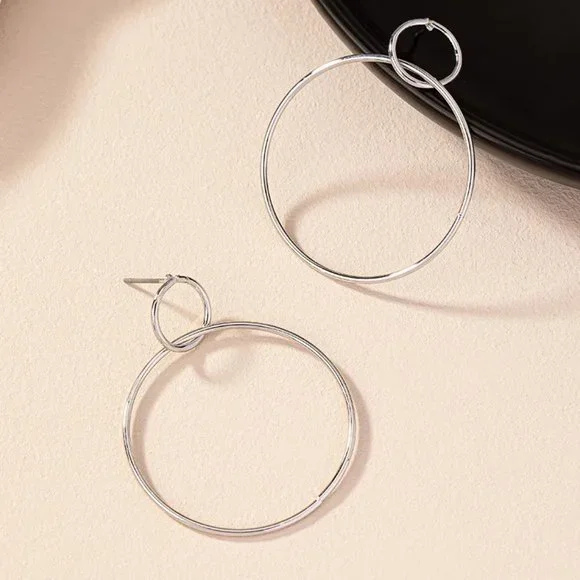 Minimalist Silver Double Circle Contemporary Dangle Earrings NEW - Picture 3 of 7